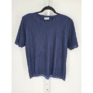 Han's & Fam Women's Blue Short Sleeve Embroidered Neckline Crimp Top Size L